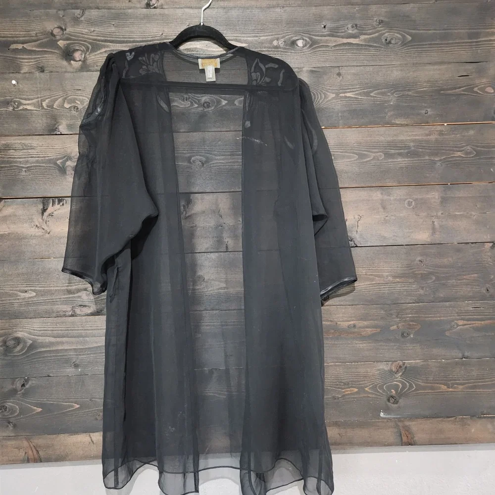 Vintage Victorias Secret Gold Label Sheer Black Robe Floral Applique Large L